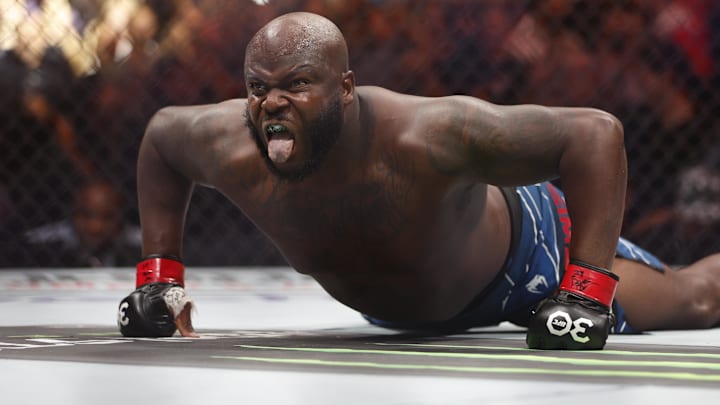 Jul 29, 2023; Salt Lake City, Utah, USA; Derrick Lewis (red gloves) reacts to defeating Marcos