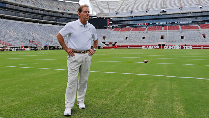Coach Nick Saban stands on the turf inside Bryant-Denny Stadium during media day Saturday, August 3, 2019 in Bryant-Denny Stadium. [Staff Photo/Gary Cosby Jr.]