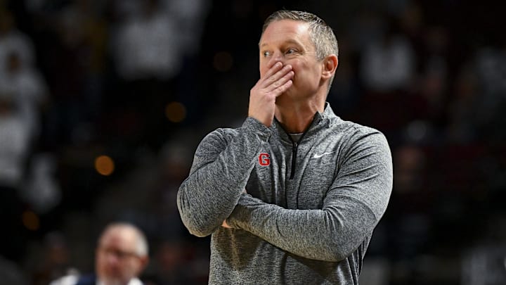 Feb 11, 2025; College Station, Texas, USA; Georgia Bulldogs head coach Mike White looks on during the second half against the Texas A&M Aggies at Reed Arena. Mandatory Credit: Maria Lysaker-Imagn Images 