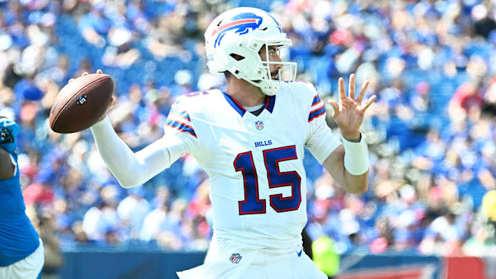 Aug 24, 2024; Orchard Park, New York, USA; Buffalo Bills quarterback Ben DiNucci (15) throws a pass in the second quarter pre-season game against the Carolina Panthers at Highmark Stadium. Mandatory Credit: Mark Konezny-Imagn Images