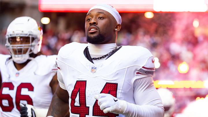 Dec 21, 2025; Glendale, Arizona, USA;  Arizona Cardinals linebacker Owen Pappoe (44) against the Atlanta Falcons at State Farm Stadium. Mandatory Credit: Mark J. Rebilas-Imagn Images