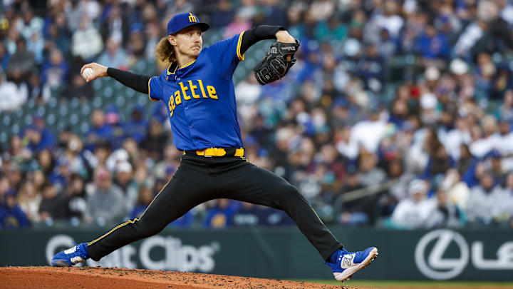 Seattle Mariners starting pitcher Bryce Miller throws during a game against the Chicago Cubs on April 12 at T-Mobile Park.