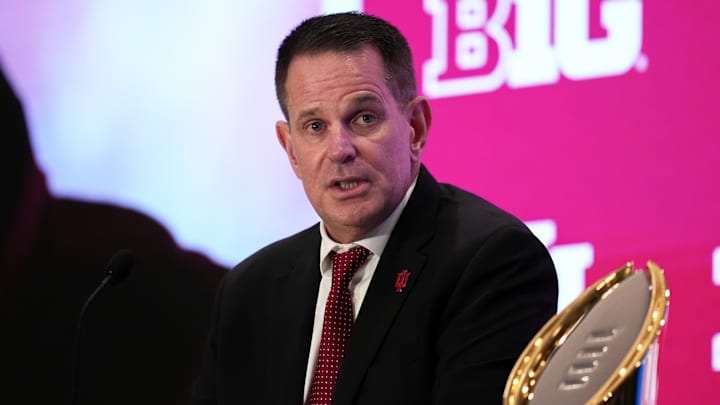Jul 22, 2025; Las Vegas, NV, USA; Indiana head coach Curt Cignetti speaks to the media during the Big Ten NCAA college football media days at Mandalay Bay Resort. Mandatory Credit: Lucas Peltier-Imagn Images