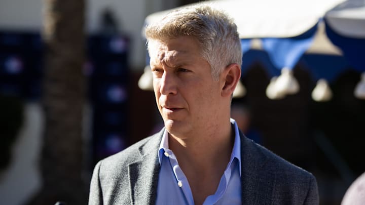 Nov 7, 2023; Scottsdale, AZ, USA; Baltimore Orioles general manager Mike Elias speaks to the media during the MLB General Manager's Meetings at Omni Scottsdale Resort & Spa