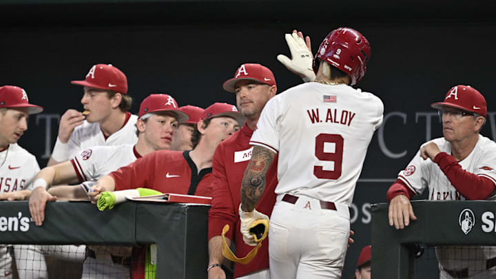 Feb 23, 2025; Arlington, TX, USA; The Michigan Wolverines play the Arkansas Razorbacks during the Amegy Bank College Baseball Series presented by Kubota Weekend 2 at Globe Life Field. Mandatory Credit: Jerome Miron-Imagn Images