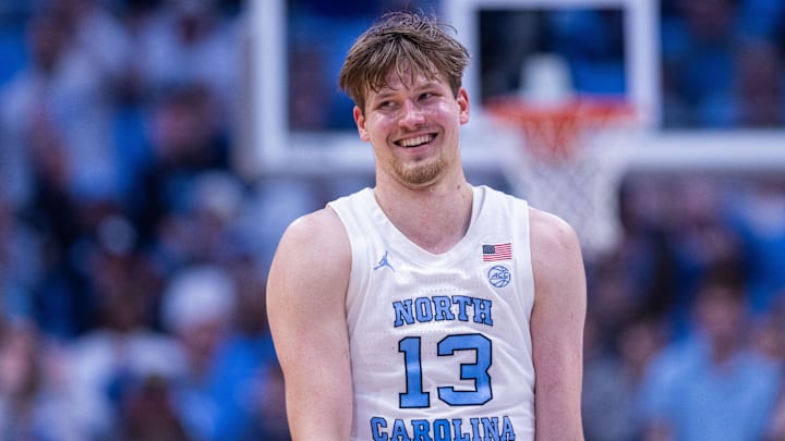 Dec 22, 2025; Chapel Hill, North Carolina, USA; North Carolina Tar Heels center Henri Veesaar (13) celebrates during the first half against the East Carolina Pirates at Dean E. Smith Center. Mandatory Credit: Scott Kinser-Imagn Images