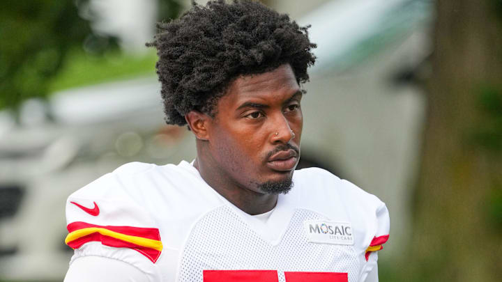 Jul 22, 2025; St. Joseph, MO, USA; Kansas City Chiefs defensive tackle Omarr Norman-Lott (55) walks down the hill to the practice fields during training camp at Missouri Western State University. Mandatory Credit: Denny Medley-Imagn Images