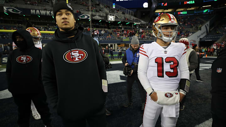 San Francisco 49ers quarterbacks Trey Lance (L) and Brock Purdy (R)
