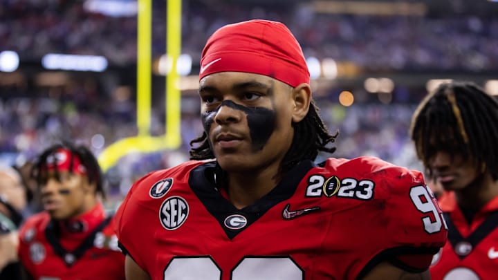 Jan 9, 2023; Inglewood, CA, USA; Georgia Bulldogs defensive lineman Tyrion Ingram-Dawkins (93) against the TCU Horned Frogs during the CFP national championship game at SoFi Stadium. Mandatory Credit: Mark J. Rebilas-Imagn Images