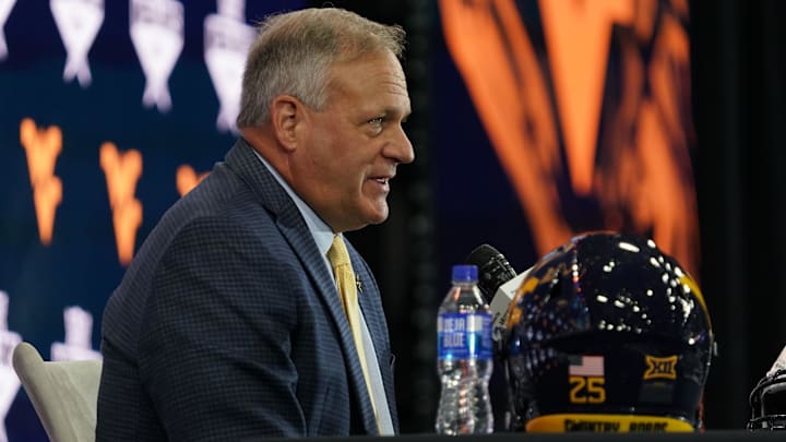 Jul 9, 2025; Frisco, TX, USA; West Virginia head coach Rich Rodriguez speaks with the media during 2025 Big 12 Football Media Days at The Star. Mandatory Credit: Raymond Carlin III-Imagn Images