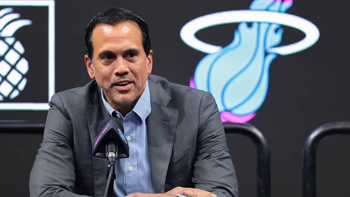 Jul 16, 2026; Miami, FL, USA; Miami Heat head coach Erik Spoelstra speaks to reporters during an introductory press conference for Miami Heat forward Giannis Antetokounmpo (not pictured) at Kaseya Center. Mandatory Credit: Sam Navarro-Imagn Images Jul 16, 2026; Miami, FL, USA; Miami Heat head coach Erik Spoelstra speaks to reporters during an introductory press conference for Miami Heat forward Giannis Antetokounmpo (not pictured) at Kaseya Center. Mandatory Credit: Sam Navarro-Imagn Images