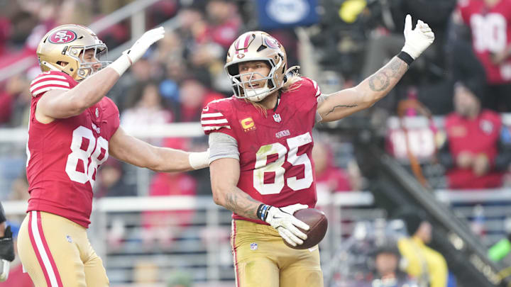 Dec 14, 2025; Santa Clara, California, USA; San Francisco 49ers tight end George Kittle (85) celebrates scoring a touchdown during the third quarter against the Tennessee Titans at Levi's Stadium. Mandatory Credit: Kyle Terada-Imagn Images Dec 14, 2025; Santa Clara, California, USA; San Francisco 49ers tight end George Kittle (85) celebrates scoring a touchdown during the third quarter against the Tennessee Titans at Levi's Stadium. Mandatory Credit: Kyle Terada-Imagn Images