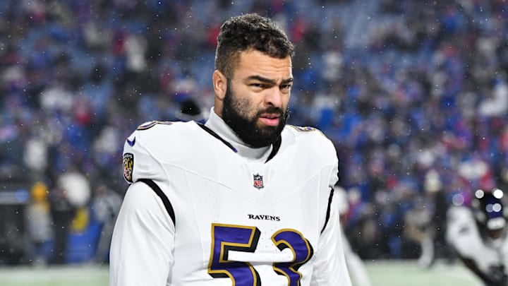 Jan 19, 2025; Orchard Park, New York, USA; Baltimore Ravens linebacker Kyle Van Noy (53) looks on during the first quarter against the Buffalo Bills in a 2025 AFC divisional round game at Highmark Stadium. Mandatory Credit: Mark Konezny-Imagn Images Jan 19, 2025; Orchard Park, New York, USA; Baltimore Ravens linebacker Kyle Van Noy (53) looks on during the first quarter against the Buffalo Bills in a 2025 AFC divisional round game at Highmark Stadium. Mandatory Credit: Mark Konezny-Imagn Images