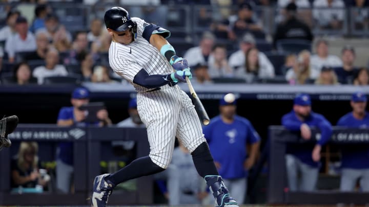 Aug 2, 2024; Bronx, New York, USA; New York Yankees center fielder Aaron Judge hits a home run. Aug 2, 2024; Bronx, New York, USA; New York Yankees center fielder Aaron Judge hits a home run.