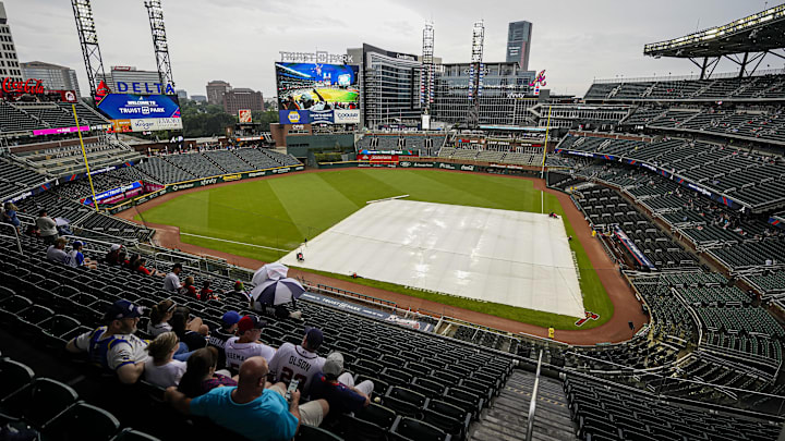 Jul 6, 2024; Cumberland, Georgia, USA; General views of a rain delay before the start of the game between the Philadelphia Phillies against the Atlanta Braves at Truist Park. Mandatory Credit: Dale Zanine-USA TODAY Sports