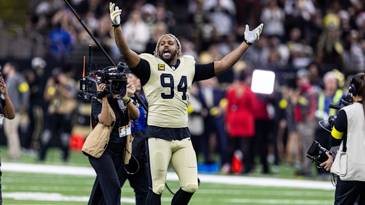 Dec 21, 2025; New Orleans, Louisiana, USA; New Orleans Saints defensive end Cameron Jordan (94) during the run outs before the game against the New York Jets at Caesars Superdome. Mandatory Credit: Stephen Lew-Imagn Images Dec 21, 2025; New Orleans, Louisiana, USA; New Orleans Saints defensive end Cameron Jordan (94) during the run outs before the game against the New York Jets at Caesars Superdome. Mandatory Credit: Stephen Lew-Imagn Images