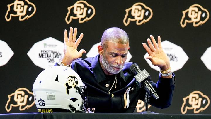 Colorado head coach Deion Sanders speaks to reporters during Big 12 Conference Football Media Days at The Star. Colorado head coach Deion Sanders speaks to reporters during Big 12 Conference Football Media Days at The Star.