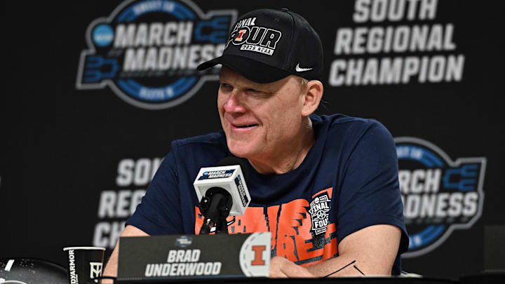 Mar 28, 2026; Houston, TX, USA; Illinois Fighting Illini head coach Brad Underwood speaks in a press conference after defeating the Iowa Hawkeyes in the Elite Eight. Mar 28, 2026; Houston, TX, USA; Illinois Fighting Illini head coach Brad Underwood speaks in a press conference after defeating the Iowa Hawkeyes in the Elite Eight.