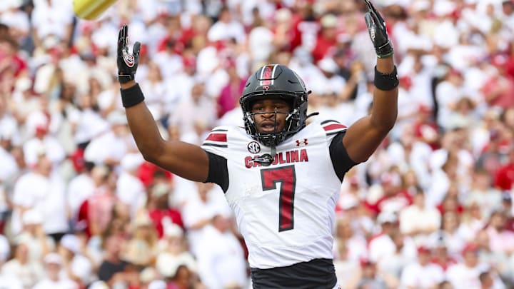 Oct 19, 2024; Norman, Oklahoma, USA;  South Carolina Gamecocks defensive back Nick Emmanwori (7) reacts after returning an interception for a touchdown during the first half against the Oklahoma Sooners at Gaylord Family-Oklahoma Memorial Stadium. Mandatory Credit: Kevin Jairaj-Imagn Images
