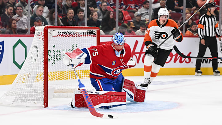 Jakub Dobes in goal for a preseason game between the Philadelphia Flyers and the Montreal Canadiens