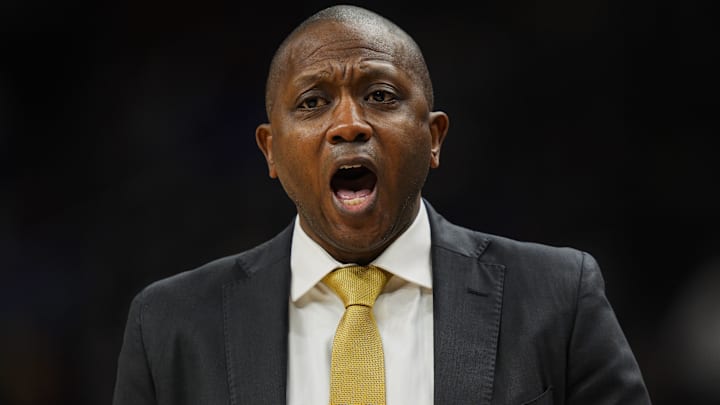 Dec 7, 2025; Kansas City, Missouri, USA; Missouri Tigers head coach Dennis Gates reacts during the first half against the Kansas Jayhawks at T-Mobile Center. Mandatory Credit: Jay Biggerstaff-Imagn Images