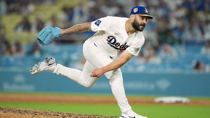 Mar 26, 2026; Los Angeles, California, USA; Los Angeles Dodgers pitcher Tanner Scott (66) throws a pitch against the Arizona Diamondbacks during the ninth inning at Dodger Stadium. Mandatory Credit: Kirby Lee-Imagn Images