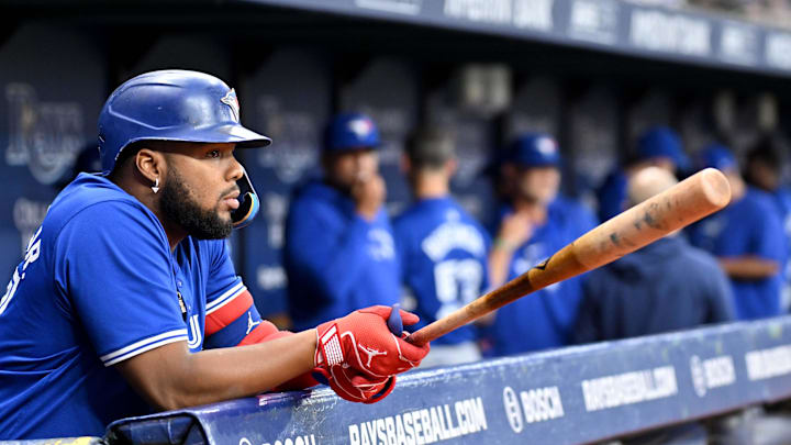 Toronto Blue Jays first baseman Vladimir Guerrero Jr. (27) prepares for the start of the game against the Tampa Bay Rays at Tropicana Field on Sept 20.