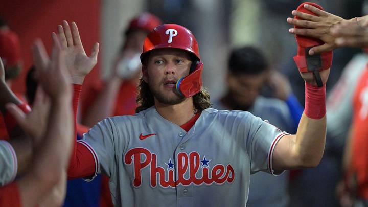 Aug 29, 2026; Anaheim, California, USA; Philadelphia Phillies third baseman Alec Bohm (28) is greeted in the dugout after scoring on a single by left fielder Brandon Marsh (16) during the second inning against the Los Angeles Angels at Angel Stadium. Mandatory Credit: Jayne Kamin-Oncea-Imagn Images Aug 29, 2026; Anaheim, California, USA; Philadelphia Phillies third baseman Alec Bohm (28) is greeted in the dugout after scoring on a single by left fielder Brandon Marsh (16) during the second inning against the Los Angeles Angels at Angel Stadium. Mandatory Credit: Jayne Kamin-Oncea-Imagn Images
