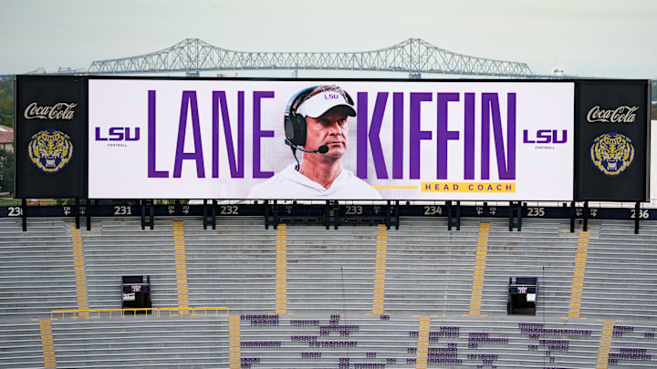Dec 1, 2025; Baton Rouge, LA, USA; A sign is seen before a press conference by LSU new head coach Lane Kiffin at South Stadium Club at Tiger Stadium. Mandatory Credit: Matthew Hinton-Imagn Images