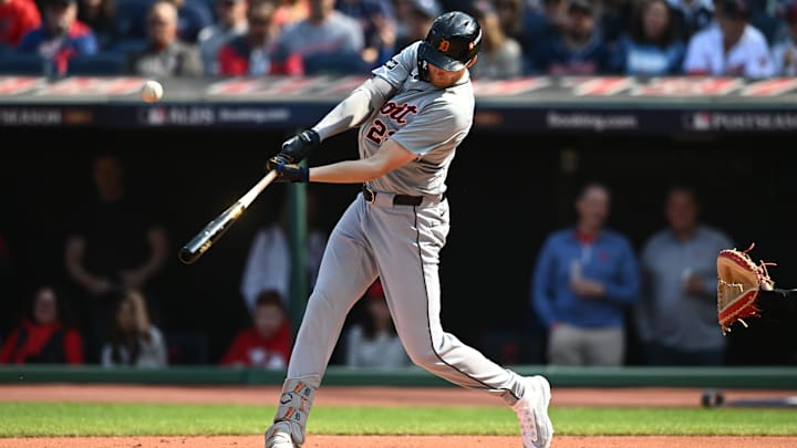 Oct 12, 2024; Cleveland, Ohio, USA; Detroit Tigers outfielder Parker Meadows (22) hits a double in the second inning against the Cleveland Guardians during game five of the ALDS for the 2024 MLB Playoffs at Progressive Field. 