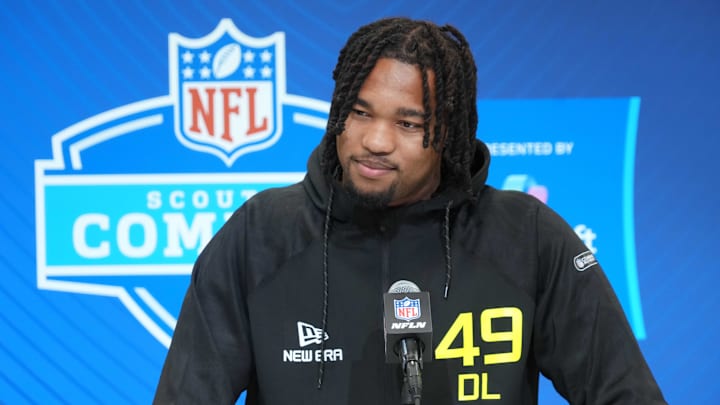 Feb 27, 2025; Indianapolis, IN, USA; Marshall defensive lineman Mike Green (DL49) during the 2025 NFL Scouting Combine at the Indiana Convention Center. Mandatory Credit: Kirby Lee-Imagn Images