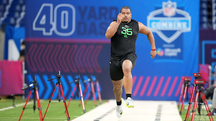 Texas Tech offensive lineman Caleb Rogers runs in the 40-yard dash during the 2025 NFL Scouting Combine at Lucas Oil Stadium. 