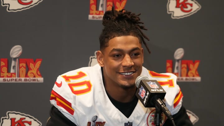 Feb 5, 2025; New Orleans, LA, USA;  Kansas City Chiefs running back Isiah Pacheco (10) in a press conference ahead of Super Bowl LIX at New Orleans Marriott. Mandatory Credit: Kirby Lee-Imagn Images
