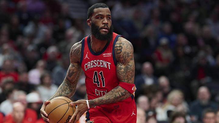 Apr 2, 2026; Portland, Oregon, USA; New Orleans Pelicans guard Saddiq Bey (41) grabs a rebound during the first half against the Portland Trail Blazers at Moda Center. Mandatory Credit: Troy Wayrynen-Imagn Images