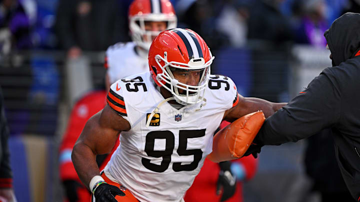 Jan 4, 2025; Baltimore, Maryland, USA; Cleveland Browns defensive end Myles Garrett (95) warms up before the game against Baltimore Ravens at M&T Bank Stadium. Mandatory Credit: Tommy Gilligan-Imagn Images