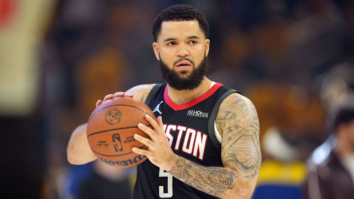 Apr 26, 2025; San Francisco, California, USA; Houston Rockets guard Fred VanVleet (5) before game three of first round for the 2024 NBA Playoffs against the Golden State Warriors at Chase Center.
