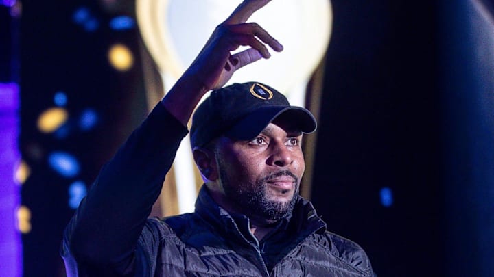 Jan 13, 2024; Ann Arbor, MI, USA; Michigan offensive coordinator Sherrone Moore is introduced during