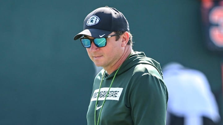 Michigan State football head coach Jonathan Smith looks on during practice on Monday, Aug. 11, 2025, in East Lansing.