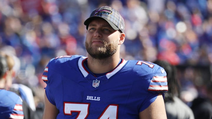 Bills offensive tackle Ryan Van Demark watches from the sideline the defense stop the Titans during first half action at Highmark Stadium in Orchard Park on Oct. 20, 2024.