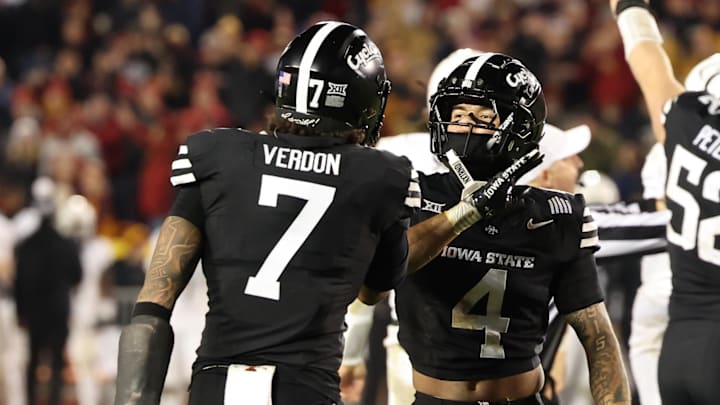 Jeremiah Cooper (4) and Malik Verdon (7) celebrate during a recent win for Iowa State football. 