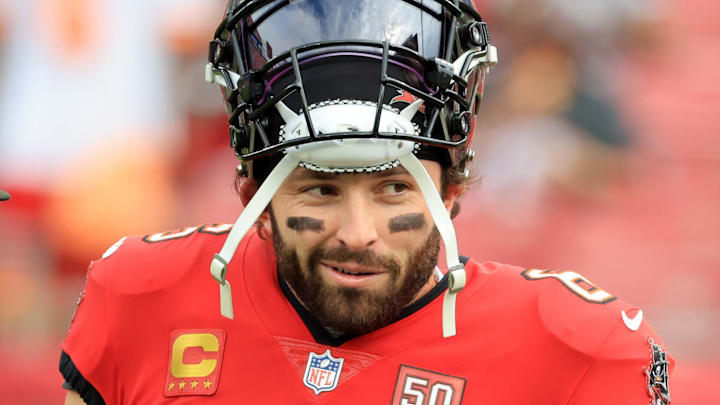 Dec 7, 2025; Tampa, Florida, USA; Tampa Bay Buccaneers quarterback Baker Mayfield (6) prior to the game against the New Orleans Saints at Raymond James Stadium. Mandatory Credit: Kim Klement Neitzel-Imagn Images