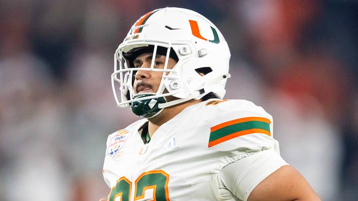 Jan 8, 2026; Glendale, AZ, USA; Miami Hurricanes offensive lineman Seuseu Alofaituli (83) against the Mississippi Rebels during the 2026 Fiesta Bowl and semifinal game of the College Football Playoff at State Farm Stadium. Mandatory Credit: Mark J. Rebilas-Imagn Images