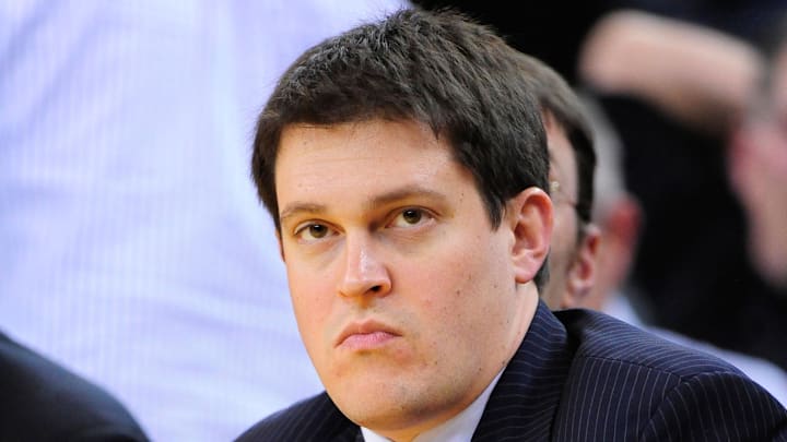 January 16, 2013; Oakland, CA, USA; Miami Heat chief executive officer Nick Arison sits courtside during the fourth quarter against the Golden State Warriors at Oracle Arena. The Heat defeated the Warriors 92-75. Mandatory Credit: Kyle Terada-Imagn Images