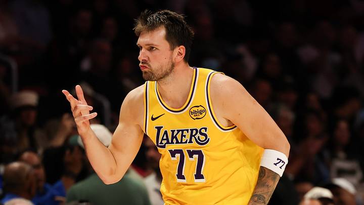Mar 19, 2026; Miami, Florida, USA; Los Angeles Lakers guard Luka Doncic (77) reacts against the Miami Heat during the second half at Kaseya Center. Mandatory Credit: Isabella Frias-Imagn Images Mar 19, 2026; Miami, Florida, USA; Los Angeles Lakers guard Luka Doncic (77) reacts against the Miami Heat during the second half at Kaseya Center. Mandatory Credit: Isabella Frias-Imagn Images