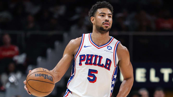 Dec 14, 2025; Atlanta, Georgia, USA; Philadelphia 76ers guard Quentin Grimes (5) dribbles the ball up the court against the Atlanta Hawks during the first quarter at State Farm Arena. Mandatory Credit: Jordan Godfree-Imagn Images Dec 14, 2025; Atlanta, Georgia, USA; Philadelphia 76ers guard Quentin Grimes (5) dribbles the ball up the court against the Atlanta Hawks during the first quarter at State Farm Arena. Mandatory Credit: Jordan Godfree-Imagn Images