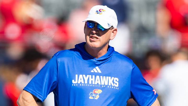 Nov 8, 2025; Tucson, Arizona, USA; Kansas Jayhawks head coach Lance Leipold against the Arizona Wildcats at Arizona Stadium. Mandatory Credit: Mark J. Rebilas-Imagn Images Nov 8, 2025; Tucson, Arizona, USA; Kansas Jayhawks head coach Lance Leipold against the Arizona Wildcats at Arizona Stadium. Mandatory Credit: Mark J. Rebilas-Imagn Images