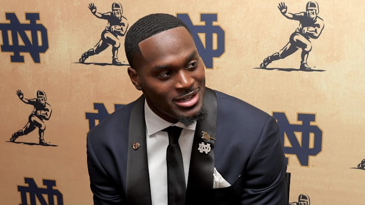Dec 13, 2025; New York, NY, USA; Notre Dame Fighting Irish running back Jeremiyah Love speaks to the media during a press conference at the New York Marriott Marquis before the presentation of the Heisman trophy. Mandatory Credit: Brad Penner-Imagn Images