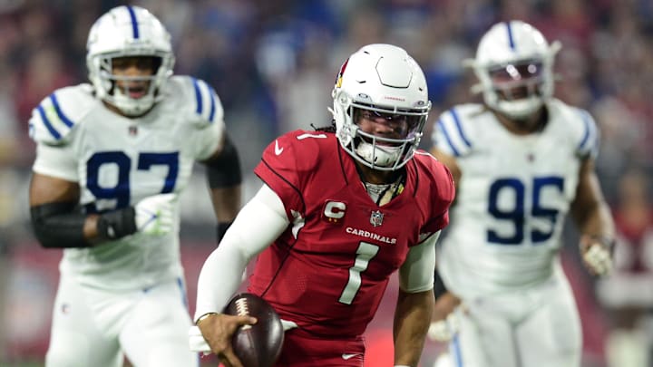 Dec 25, 2021; Glendale, Arizona, USA; Arizona Cardinals quarterback Kyler Murray (1) runs with the ball against the Indianapolis Colts during the first half at State Farm Stadium. Dec 25, 2021; Glendale, Arizona, USA; Arizona Cardinals quarterback Kyler Murray (1) runs with the ball against the Indianapolis Colts during the first half at State Farm Stadium.