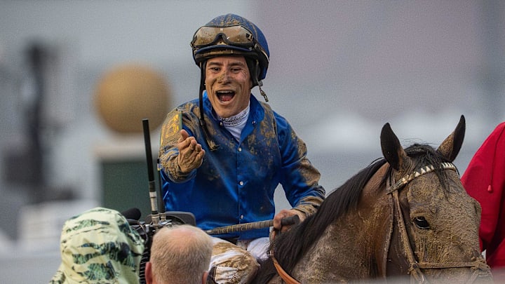 Jockey Junior Alvarado has won his first Belmont Stakes aboard Sovereignty.