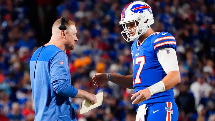 Sep. 19, 2022; Orchard Park, New York, USA; Buffalo Bills' coach Joe Brady speaks with Bills' quarterback Josh Allen (17) during a timeout in the first half against the Tennessee Titans at the old Highmark Stadium. Sep. 19, 2022; Orchard Park, New York, USA; Buffalo Bills' coach Joe Brady speaks with Bills' quarterback Josh Allen (17) during a timeout in the first half against the Tennessee Titans at the old Highmark Stadium.